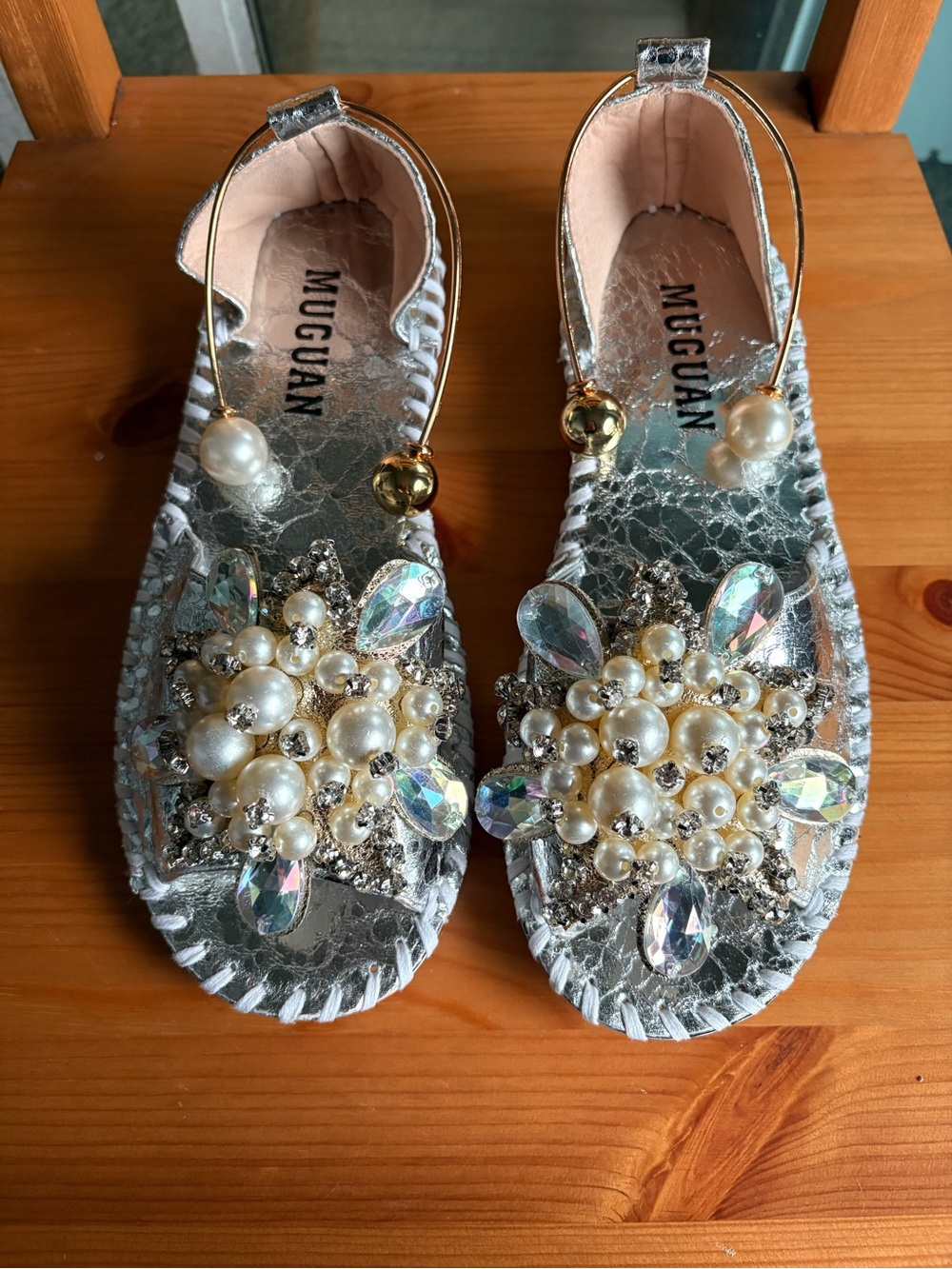 NEW Silver Boho Pearl & Crystal Embellished Flat Sandals | Open Toe | Size 9
